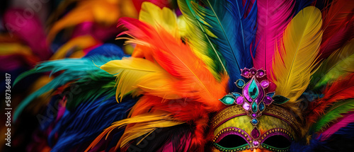Close-up with the Venetian mask on a table in vibrant colors © IonelV