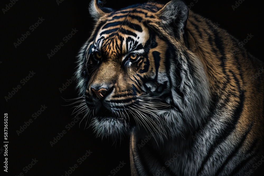 Fototapeta premium Portrait of a tiger on a black background with copy space.