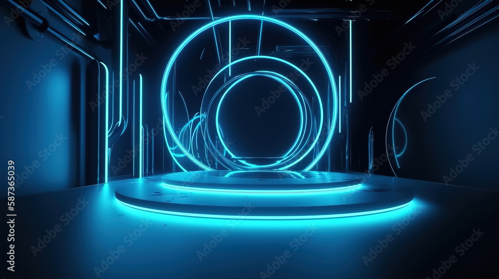 Bright blue neon abstract flowing rings or bands. Generative Ai Bright blue neon abstract flowing rings or bands. Generative Ai