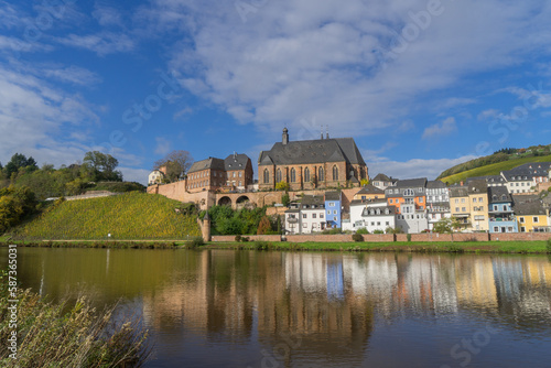 View to the german city called Saarburg with church St. Laurentius