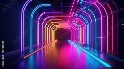 3d render, pink blue yellow neon lights, bright colorful tunnel. Generative Ai