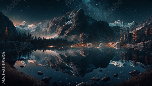 Beautiful Starry Night with Sky Cloud and Dust above Mountain Reflection on the Lake AI Generated Image © kejardolar