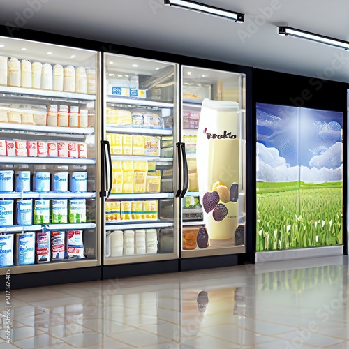 Dairy products standing in a large refrigerator with glass doors standing inside the store  created with generative ai