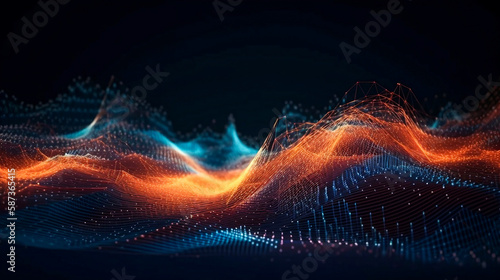 Network line of connecting stream with wave of particles representing information technology. AI generative.