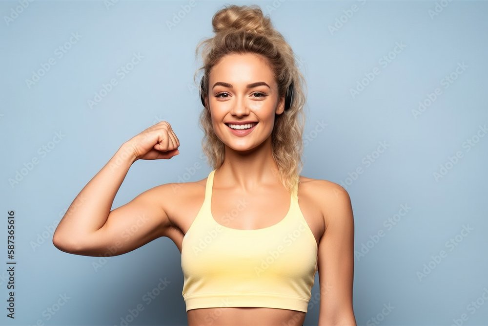 Young beautiful blond girl in sports clothing flexing her biceps. Generative AI illustration Young beautiful blond girl in sports clothing flexing her biceps. Generative AI illustration