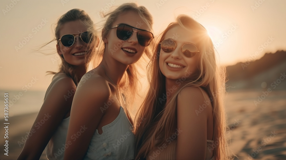 Three Happy young women taking a photo on the beach at sunset, Generative AI illustration