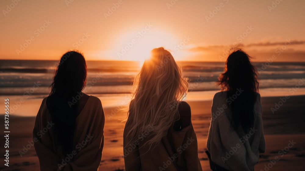 Beautiful summer moment with three girls watching the sunset at sea. Generative AI illustration
