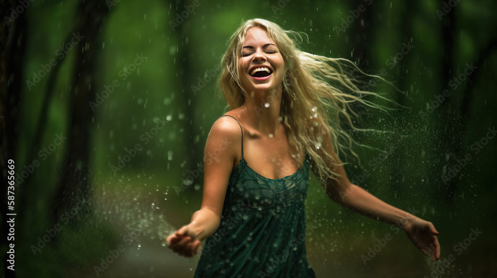 Young beautiful blond woman in green dress dancing in the rain, Generative AI illustration Young beautiful blond woman in green dress dancing in the rain, Generative AI illustration