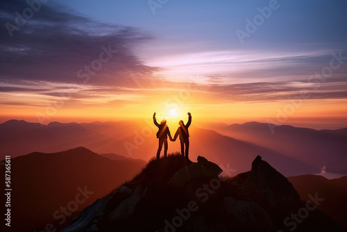 Two hikers holding hands and arms up in the air on mountain top  , Generative AI illustration
