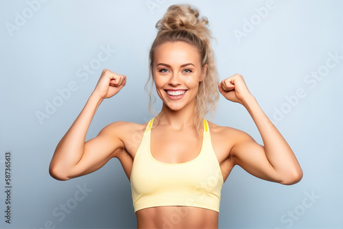 Smiling young blond girl in sports clothing flexing her biceps muscles . Generative AI illustration