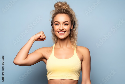 Young beautiful blond girl in sports clothing flexing her biceps. Generative AI illustration photo
