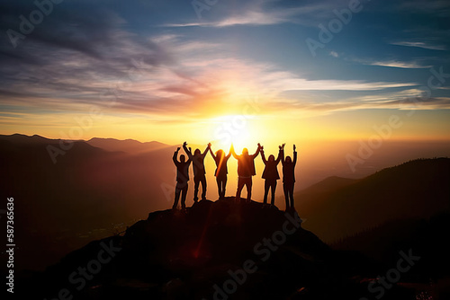 Group of people cheering and being happy on mountain top at sunset, Generative AI illustration