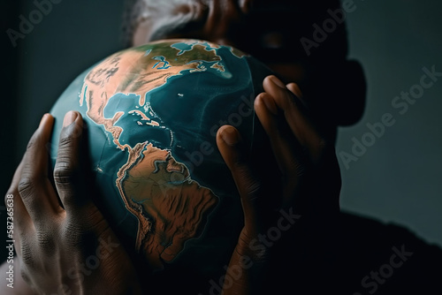 Love for the planet concept, with person holding the Planet Earth globe close to his face. Generative AI illustration
