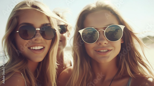 Young happy girls with sunglasses at the beach, Generative AI illustration © IBEX.Media