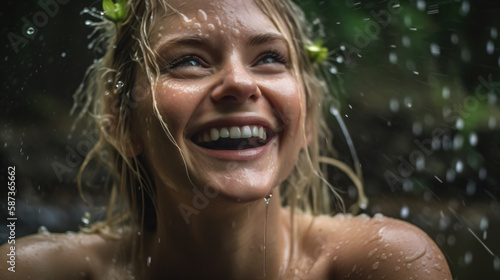 Close up image of blond woman smiling in the heavy rain. Generative AI illustration © IBEX.Media