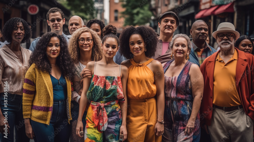 Multi ethnic group of people in warm colors clothing standing together as a group on the street. Generative AI Illustration Multi ethnic group of people in warm colors clothing standing together as a group on the street. Generative AI Illustration