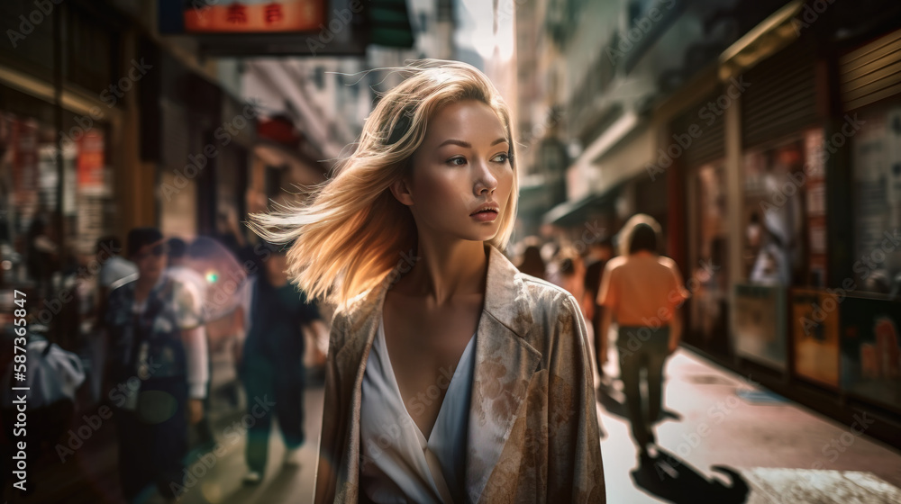 Young woman on city street in candid autentic pose, Generative AI illustration