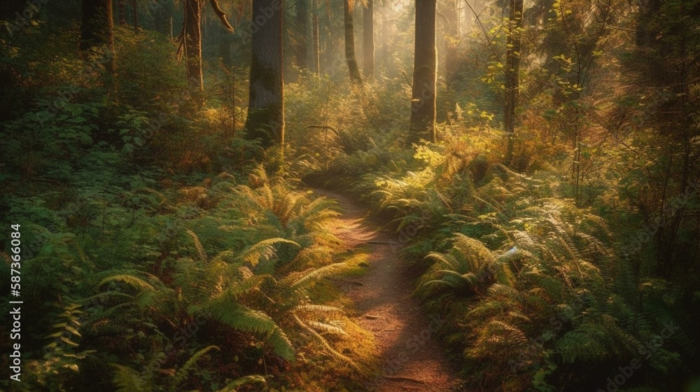 Obraz premium A peaceful forest trail winding through tall trees with a soft, golden light filtering through the leaves Generative AI