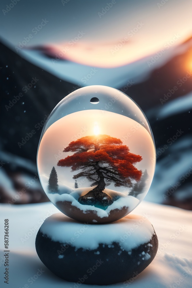 A bonsai tree inside a snow globe floating, generative AI A bonsai tree inside a snow globe floating, generative AI