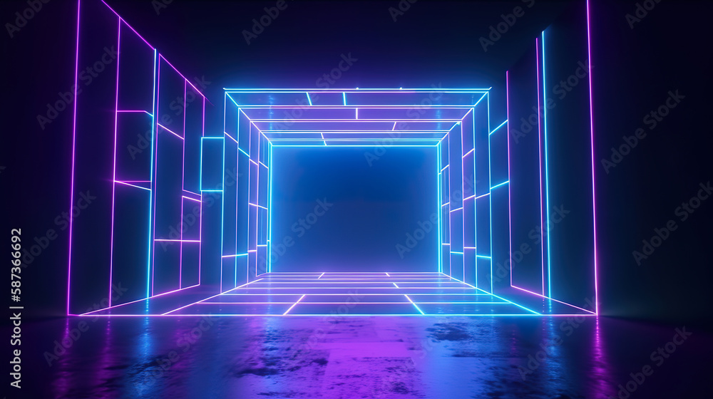 3d render, abstract neon background with square frame. Generative Ai 3d render, abstract neon background with square frame. Generative Ai