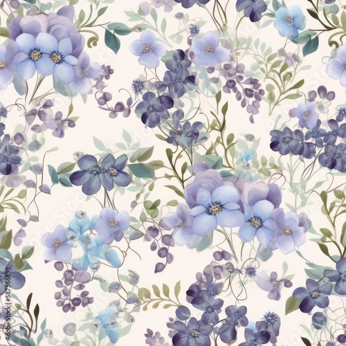 Beautiful seamless floral pattern. Forget me nots and violets. AI generated.