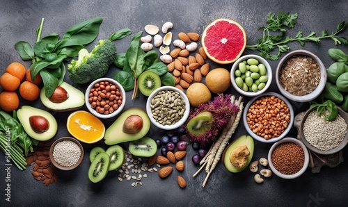 Healthy food clean eating: fruit, vegetable, seeds, superfood, cereals, leaf vegetable on black wood background with copy space, top view. Generative Ai.