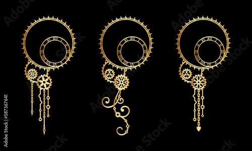 Vintage set of golden decorative elements with clock-face, gears, cogwheels, curls and chains on a black background. Steampunk. Vector design template for holiday greeting card, poster, signage, label