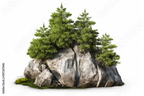 fir trees all around a cutout rock. Isolated garden design on a white background. bush for landscaping purposes. For professional composition or, high quality clipping mask. Generative AI