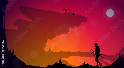 orange sky. fantasy sunset walpaper. samurai at sunset. Japanese samurai warrior with a sword. Samurai with oni mask. japanese theme wallpaper at sunset. sunset.