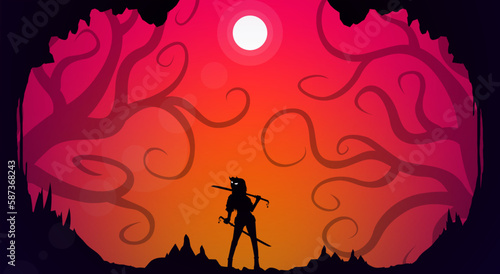 orange sky. fantasy sunset walpaper. samurai at sunset. Japanese samurai warrior with a sword. Samurai with oni mask. japanese theme wallpaper at sunset. sunset. sammmmurai and tree wallpaper.