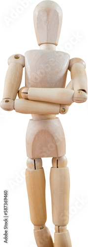 3d illustration of wooden figurine standing with arms crossed 