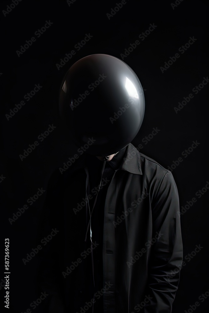 A man ware a black shirt covers his face with a black balloon. Hiding from problems. Generative Ai. A man ware a black shirt covers his face with a black balloon. Hiding from problems. Generative Ai.