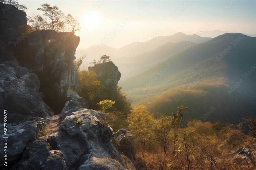 scenic landscape with sun rays shining on the mountains and valleys. Generative AI