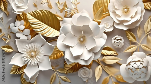 Fototapeta Naklejka Na Ścianę i Meble -  3d render, abstract background with white paper flowers. Generative Ai