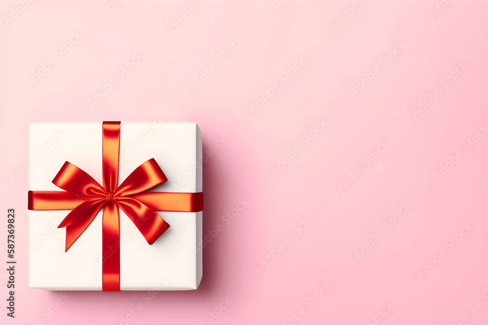 White gift box with red bow and copy space on a pink background, for mothers day, valentines day, love day White gift box with red bow and copy space on a pink background, for mothers day, valentines day, love day