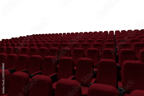 Red chairs in row at movie theater