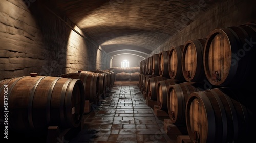 brewery cellar background, barrels, wine or beer, generative ai