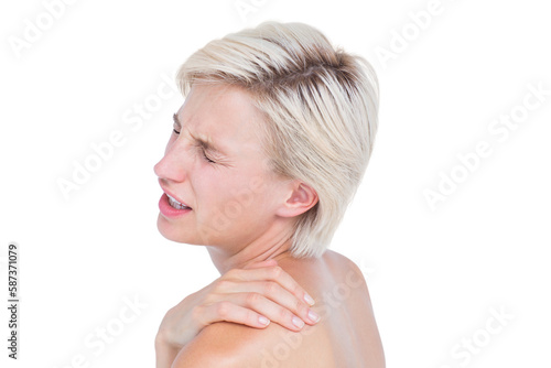 Quadro su tela Suffering woman touching her shoulder