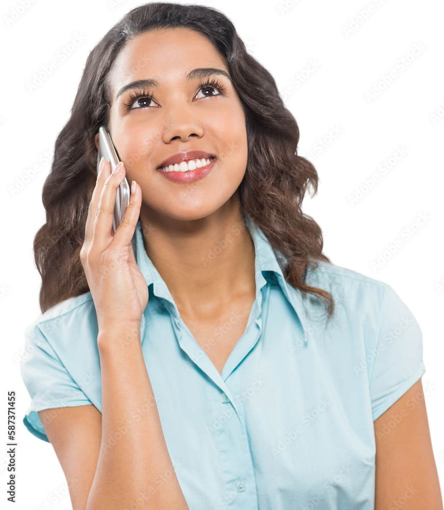 Smiling businesswoman using smart phone while looking up Smiling businesswoman using smart phone while looking up