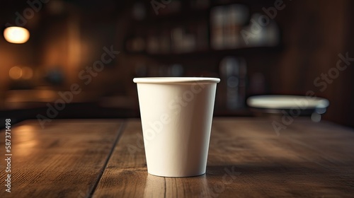 Paper Cup of coffee on wooden wall background. Generative Ai