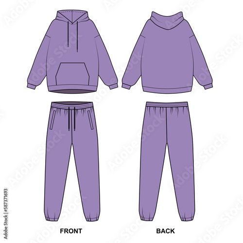 Vector drawing of a trendy tracksuit in purple. Hoodie template with pocket and drawstring joggers. Women's suit in casual style, front and back view. Sports pants and hoodie, vector.
