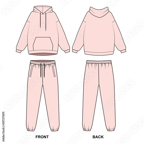 Vector drawing of a fashionable tracksuit in pink. Hoodie template with pocket and drawstring joggers. Women's suit in casual style, front and back view. Sports pants and hoodie, vector.
