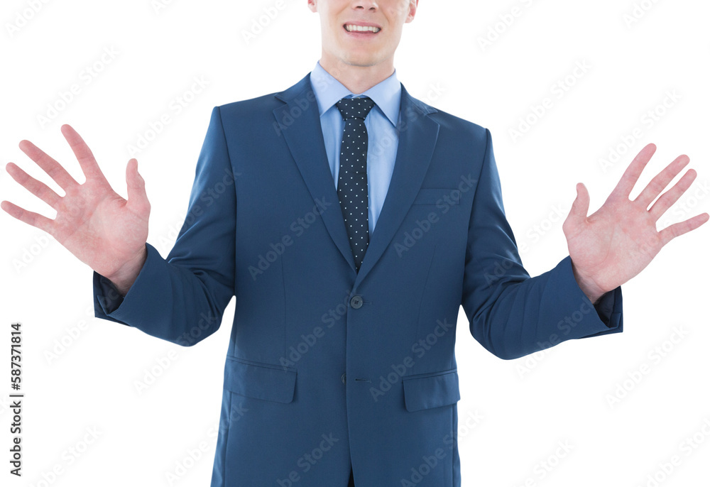 Mid section of smiling businessman using imaginary screen Mid section of smiling businessman using imaginary screen