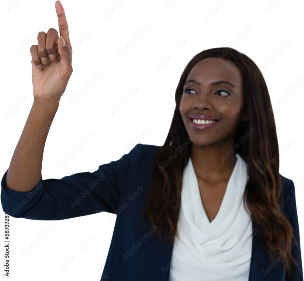 Businesswoman touching interface screen Businesswoman touching interface screen