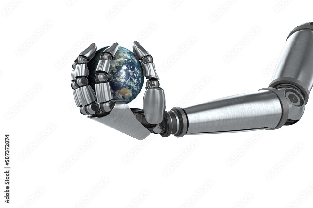 Digitally generated image of chrome robot hand with globe Digitally generated image of chrome robot hand with globe