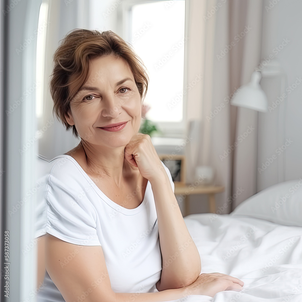 AI generated smiling senior woman looking at camera while sitting on bed at home AI generated smiling senior woman looking at camera while sitting on bed at home