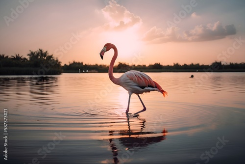 Flamingo at Sunset Generative AI