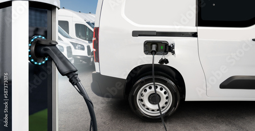 Electric delivery van with electric vehicles charging station. 