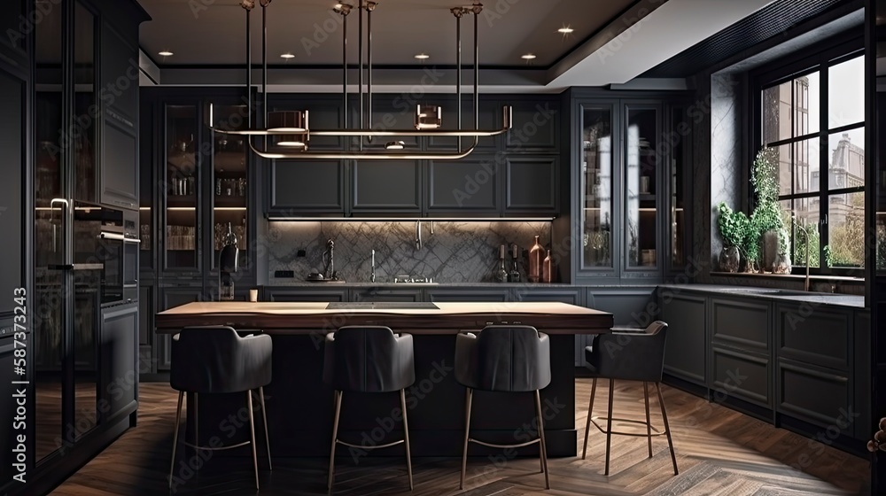 Modern kitchen with black furniture and wooden floor. ai generative. Modern kitchen with black furniture and wooden floor. ai generative.