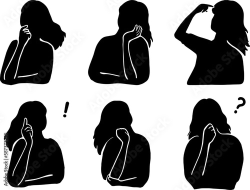 悩み考える女性のシルエットイラスト　黒